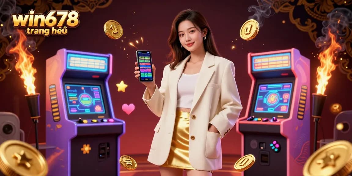 Engage with win678 trang chủ as a beautiful Asian woman showcases a sports betting app in a lively casino-themed digital art scene.