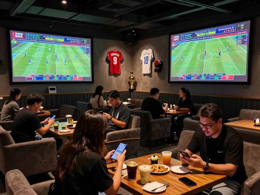 HB88 bettors enjoying a live sports event at a modern lounge, surrounded by screens of ongoing matches and lighthearted social atmosphere.