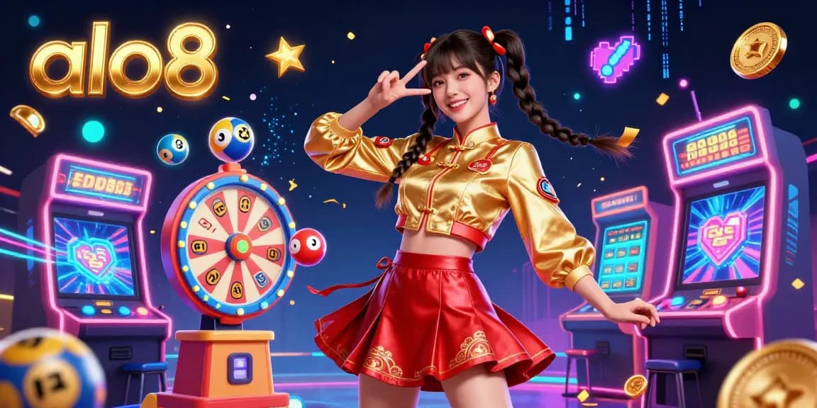 Engage with excitement at alo8, featuring vibrant lottery balls, a prize wheel, and fun gaming machines.