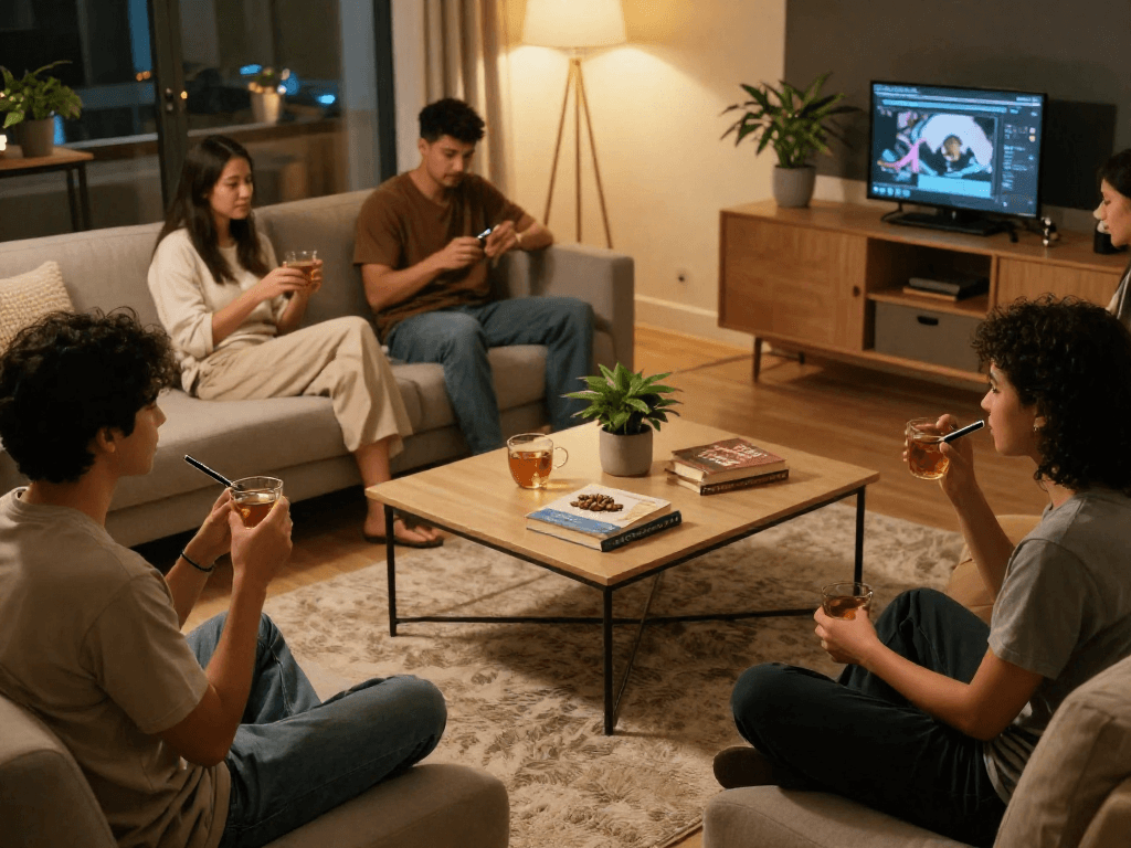 Cookies THC vape pen used in a cozy social setting, featuring wellness elements and natural products.