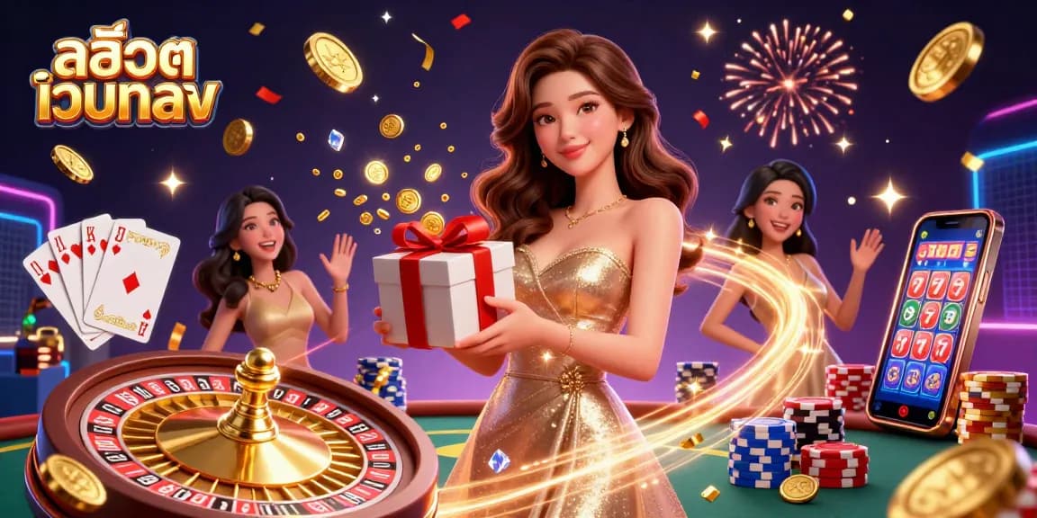 Engage with สล็อตเว็บตรง in this dynamic festive casino scene featuring golden coins and festive elements.