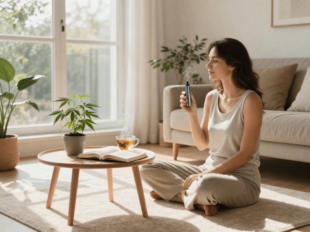 Muha meds disposable vape pen alongside herbal tea and wellness book in a serene living room.
