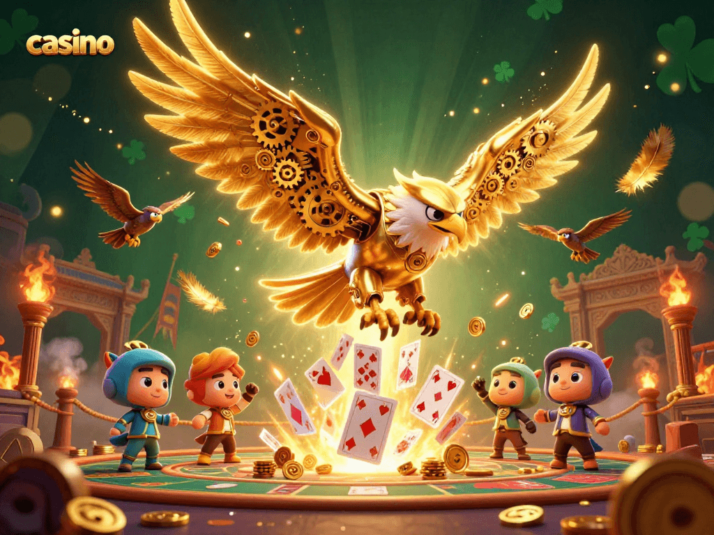 Catch thrilling casino action with a cybernetic golden eagle amidst holographic playing cards.