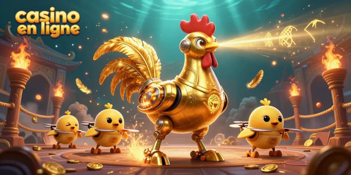 Jouez au casino en ligne avec ce robot coq en or et ses drones poussins, ambiance festive !