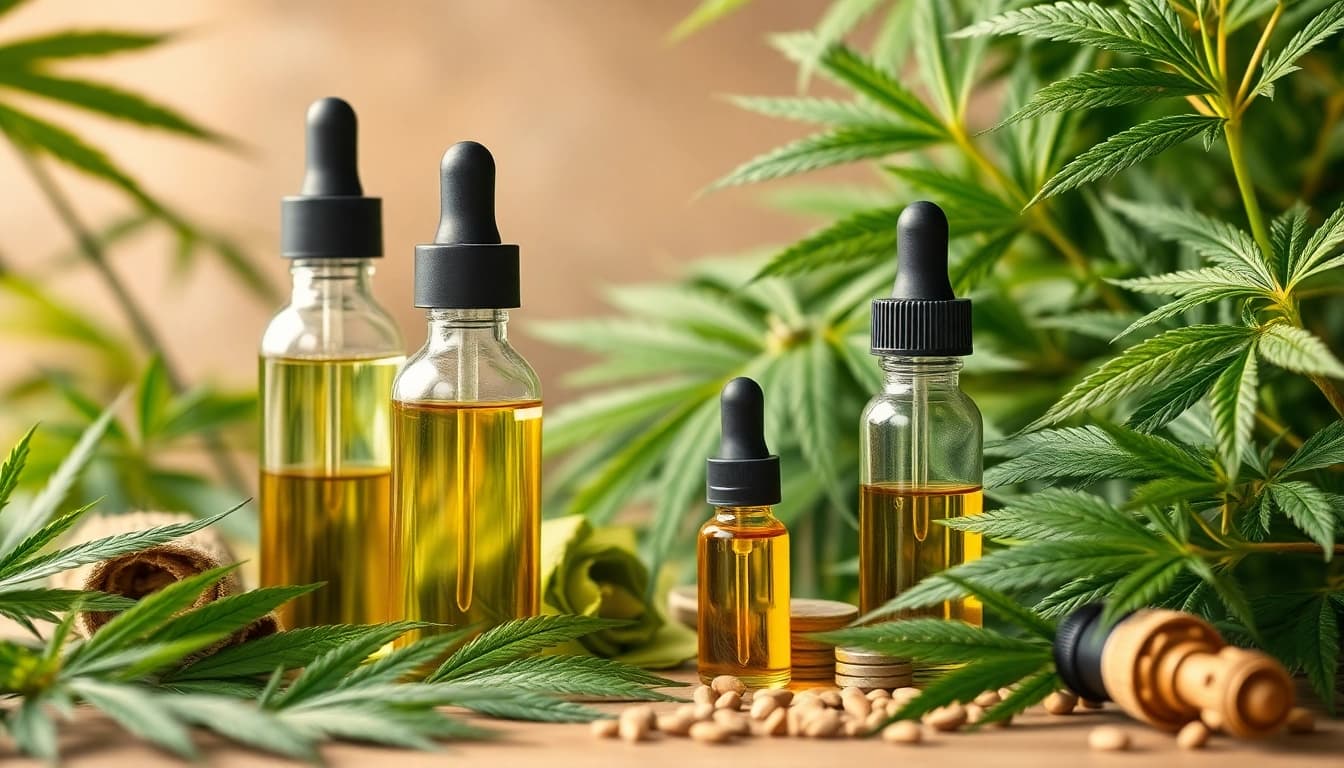 Högkvalitativ cbd-olja omgiven av hampextrakt, vape-enheter och naturliga wellness-element.