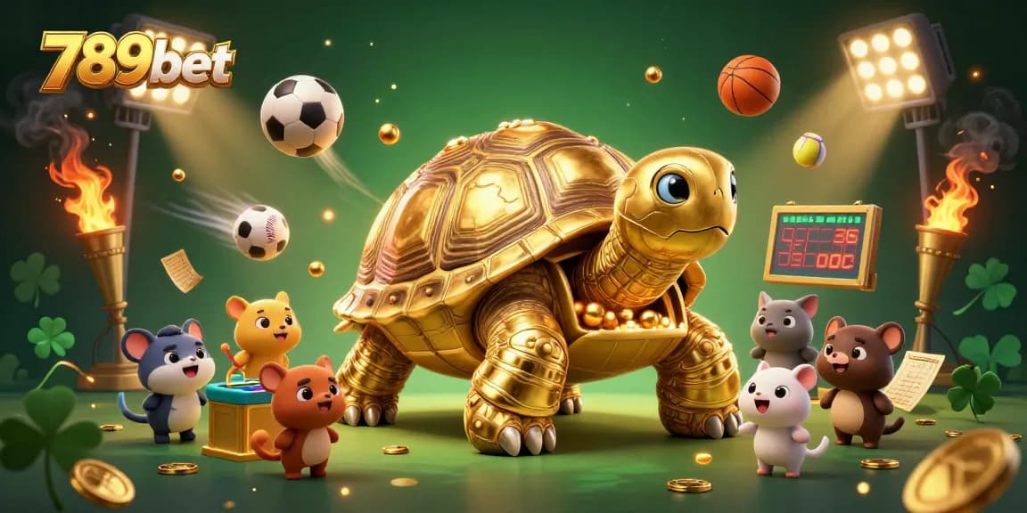 Engage with thrilling promotions on 789bet, featuring a colossal golden tortoise and lively sports elements.