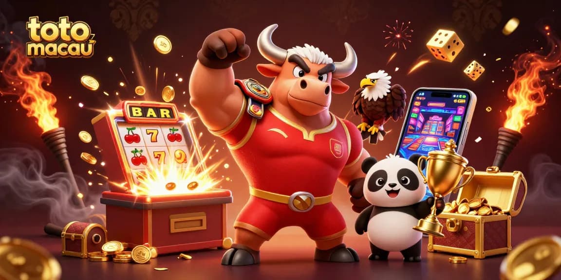 Play exciting toto macau games surrounded by a festive 3D scene featuring engaging characters and dynamic gaming elements.