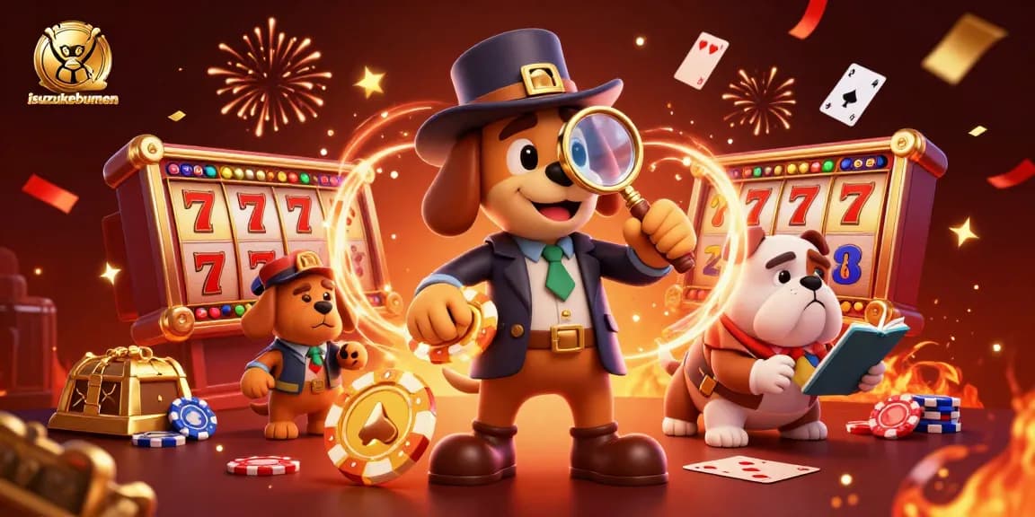 Examine the luck of isuzukebumen with a detective and his bulldog companion uncovering treasures in a vibrant casino scene.