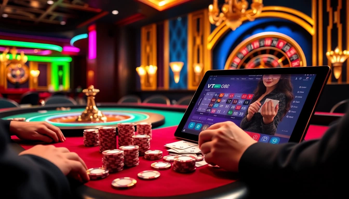 Engage in thrilling VT 88 poker gameplay at an upscale casino with vibrant lighting and excited players.