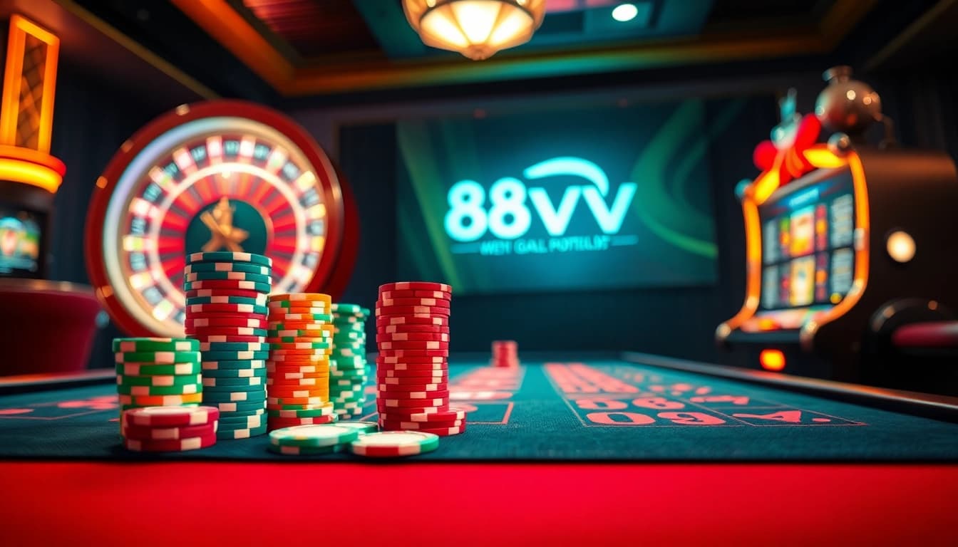 Experience thrilling casino action at 88vv with vibrant poker chips, a spinning roulette wheel, and exciting slot machine lights.