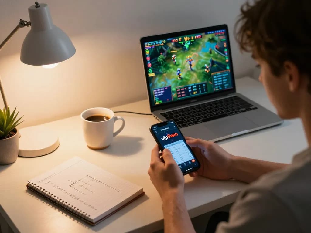 Engaging in vip99win app gaming at home, showcasing a stylish modern setup with live casino games