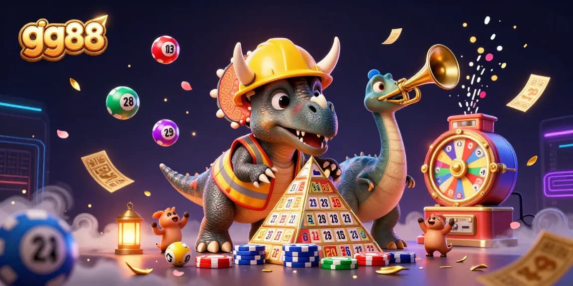 Join the excitement of gg88 as a triceratops celebrates wins with colorful lottery elements and dynamic casino action.