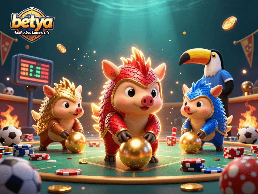 The vibrant scene showcases betya basketball betting site with rival pangolins competing amidst colorful stadium elements, perfect for sports bettors.