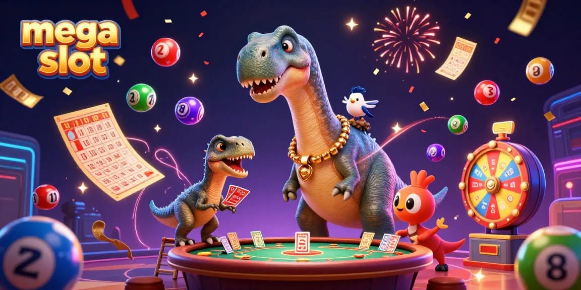 Mega slot menampilkan skenario ceria dengan dinosaurus raksasa dan permainan lotere di kasino.