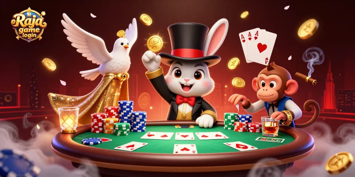 Engage with Raja game login through fun cartoon characters at a lively poker table.