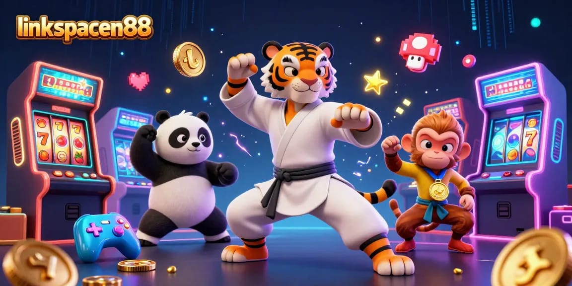 Engage with thrilling games at link spaceman88, featuring vibrant 3D characters amidst slot machines and neon elements.