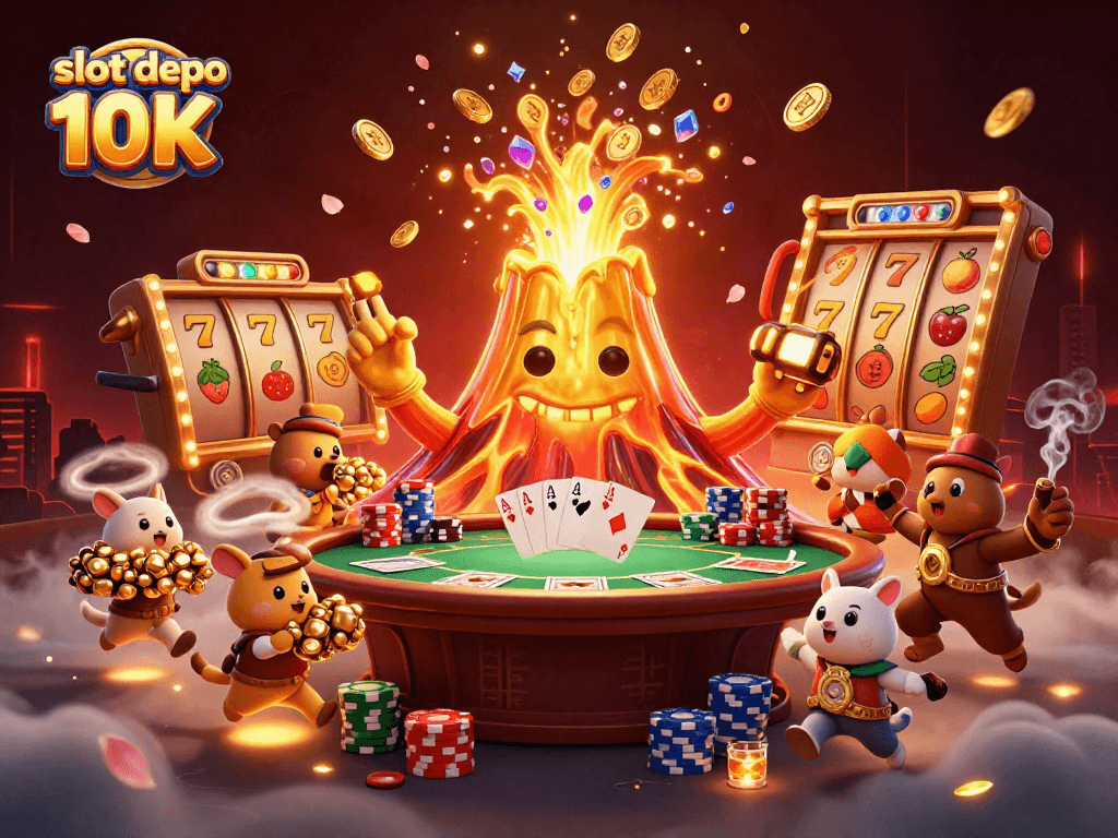 Spin and win at slot depo 10K amidst a golden volcano erupting coins and vibrant slot reels.