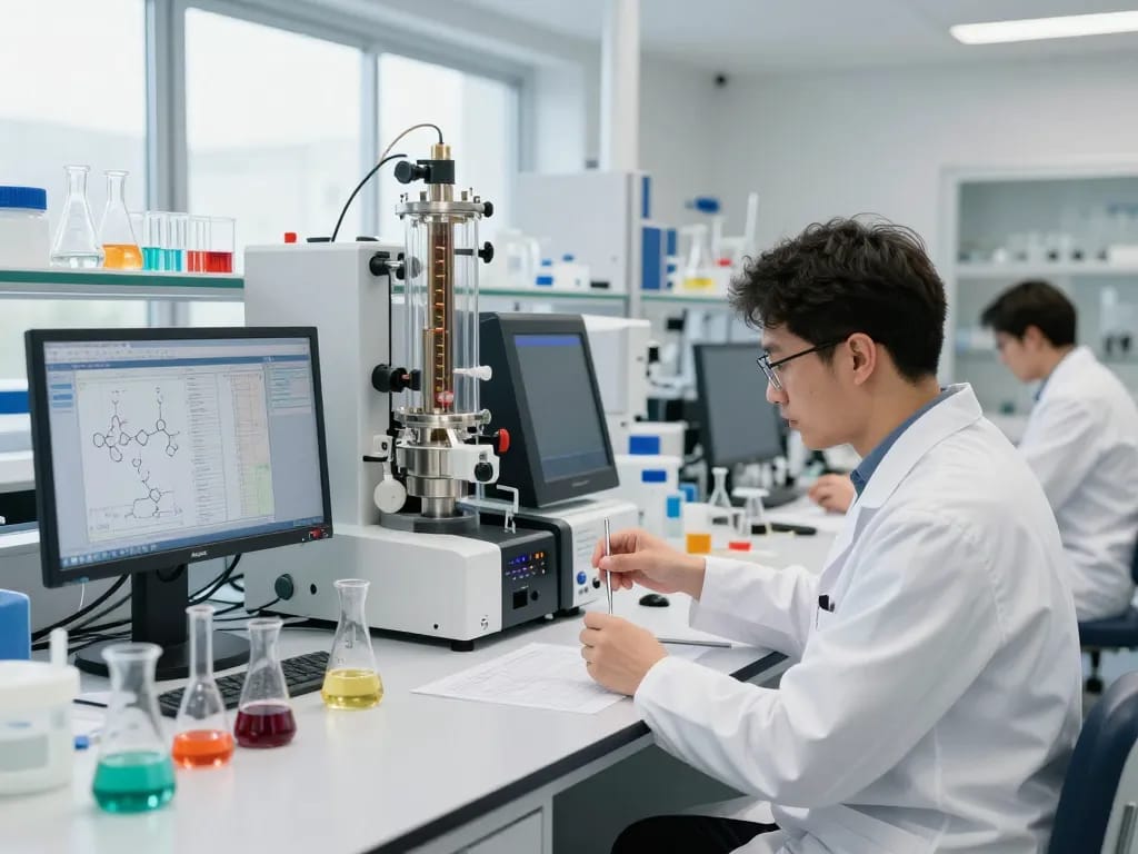 EU cannabinoid manufacturer conducting quality tests in a modern laboratory with high-tech equipment.