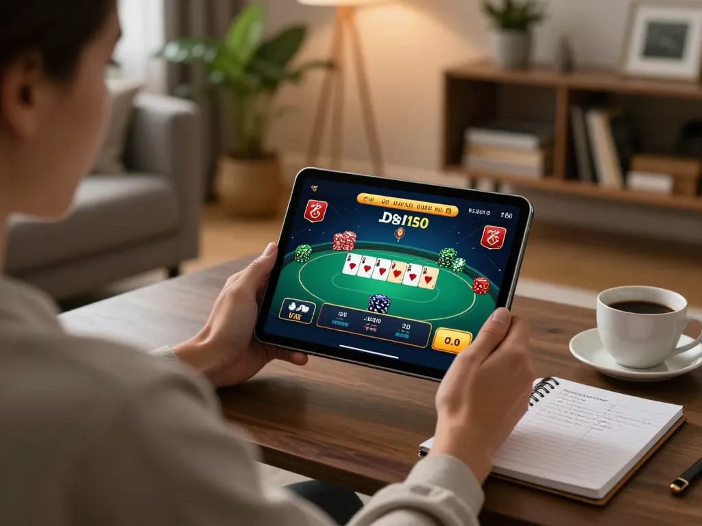 Player engages in online poker on a tablet, experiencing 99win's thrilling gaming atmosphere.