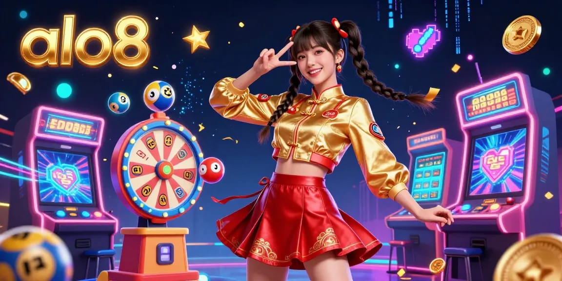 Engage with excitement at alo8, featuring vibrant lottery balls, a prize wheel, and fun gaming machines.