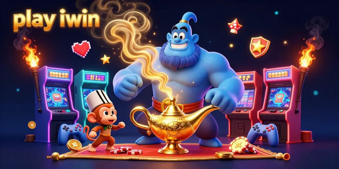 Play iwin in an exciting 3D cartoon scene with a genie, monkey, and gaming elements.
