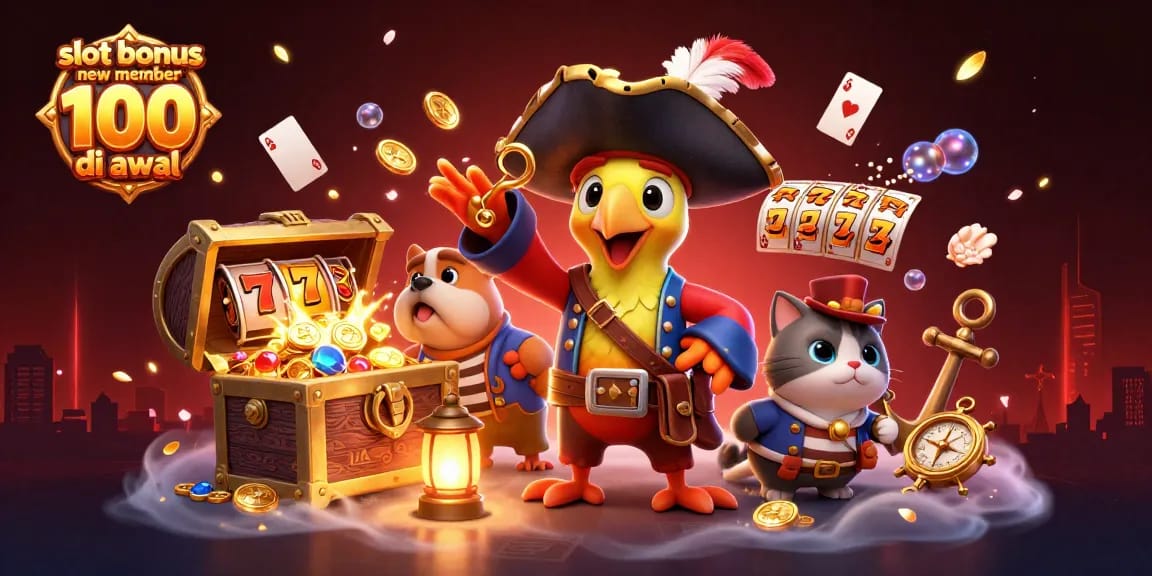 Engage in the action with the slot bonus new member 100 di awal illustrated by dynamic 3D characters and casino elements.