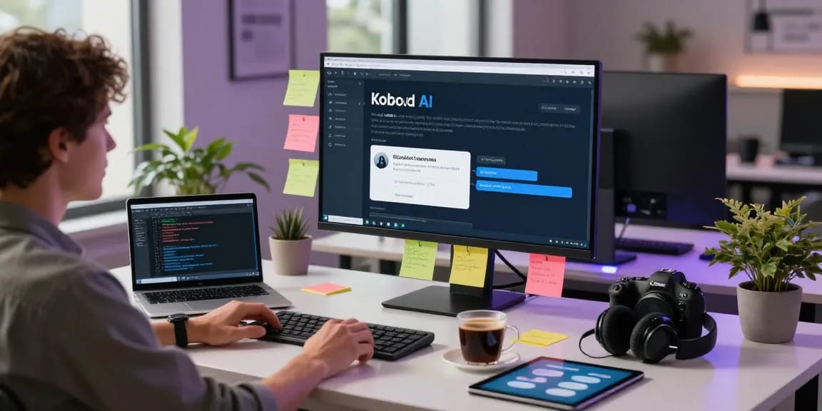 Engaging workspace with user discussing koboldai AI capabilities on a modern desk.