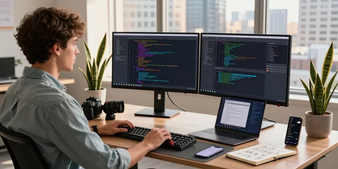 Developer coding in a modern workspace while showcasing telegram中文版下载 features.