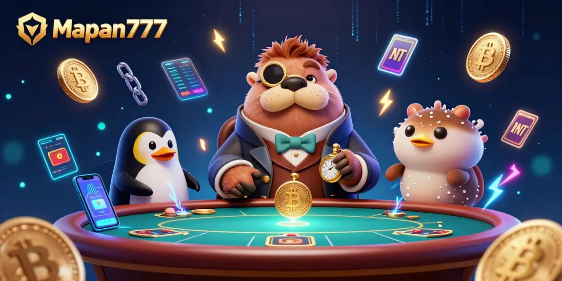 Engage with Mapan777's vibrant underwater poker scene featuring a walrus and crypto elements.