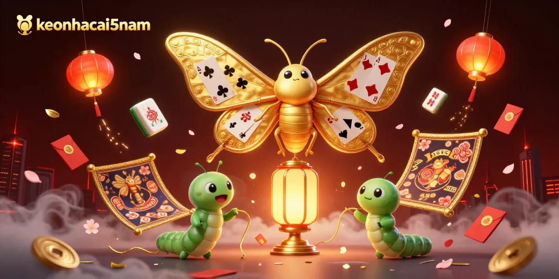 Engage with keonhacai5nam's vibrant casino scene featuring dazzling moths and golden lanterns amidst dynamic game elements.