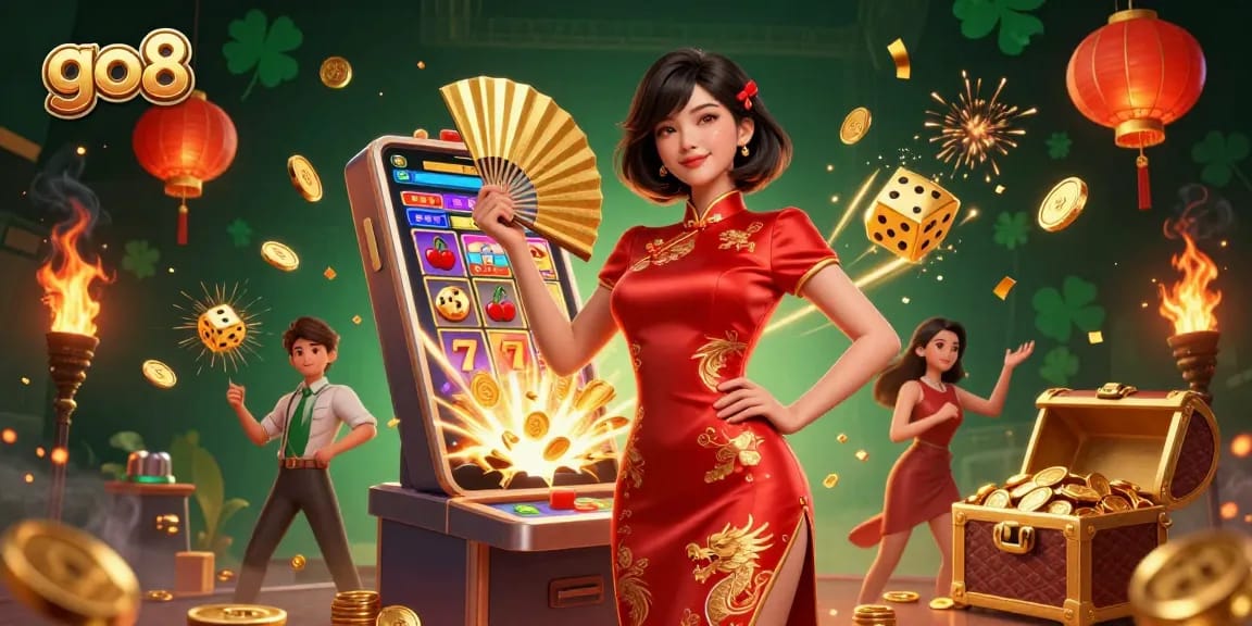 Play exciting casino games at go8 with vibrant visuals and dynamic elements, featuring stunning graphics of a beautiful Asian woman and jackpot rewards.