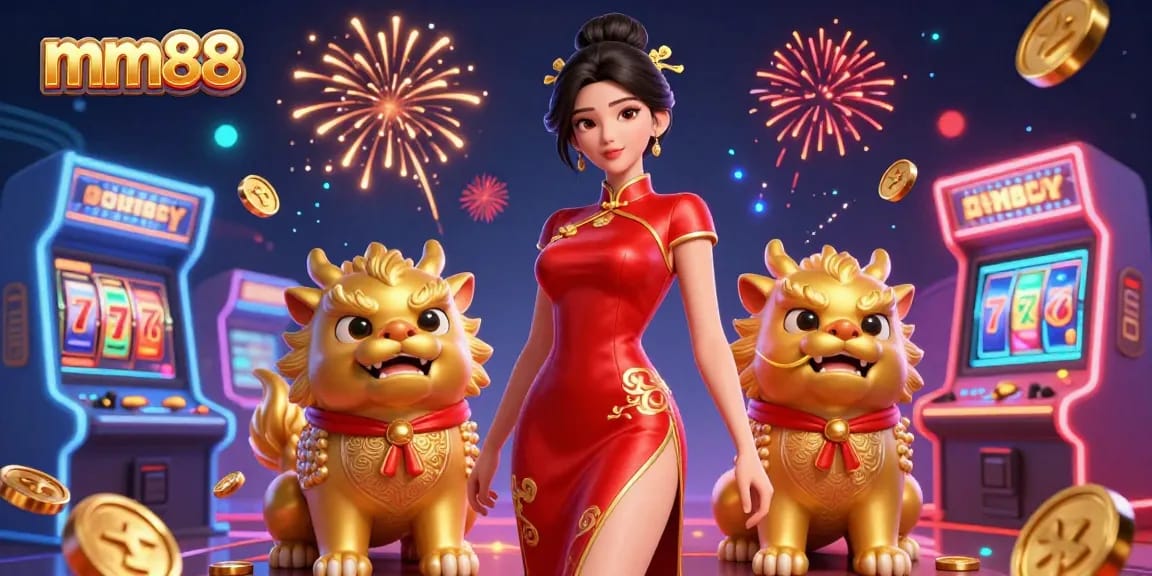 Experience thrilling mm88 casino fun featuring a glamorous character among jackpot elements and colorful game machines.