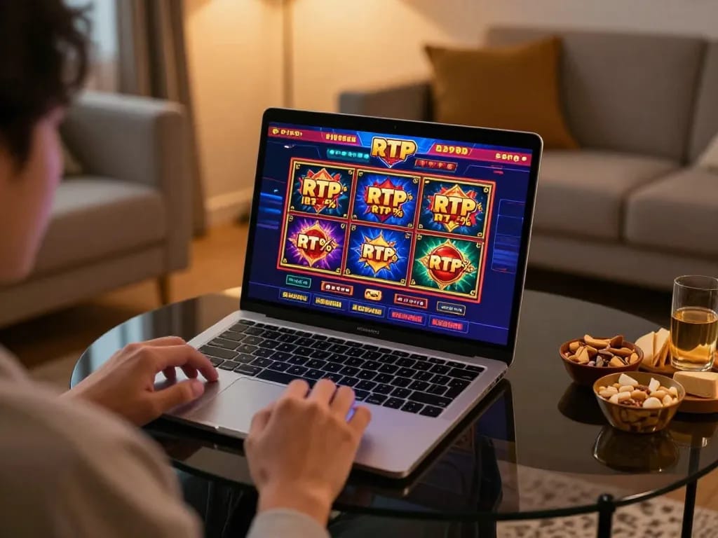 Engaging with high-RTP games at situs slot gacor on laptop, cozy home atmosphere enhancing gaming experience.