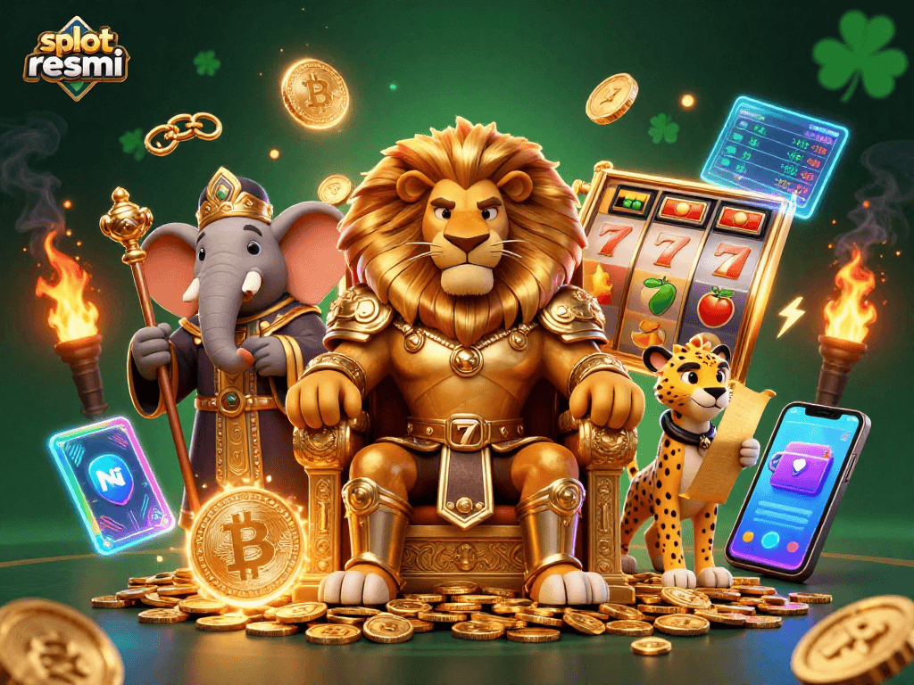 Experience rich slot resmi action with a majestic lion king, wise elephant, and swift cheetah in a colorful casino scene.
