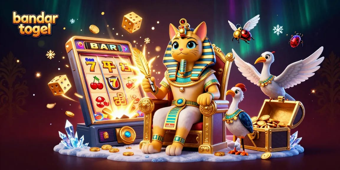 Experience the excitement of bandar togel with a vibrant jackpot scene featuring a 3D Egyptian pharaoh cat.