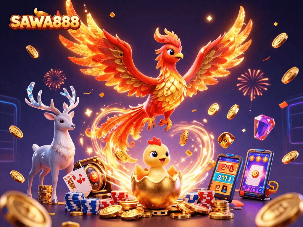 Experience thrilling wins with SAWA888's vibrant phoenix, cascading coins, and dynamic slot machines.