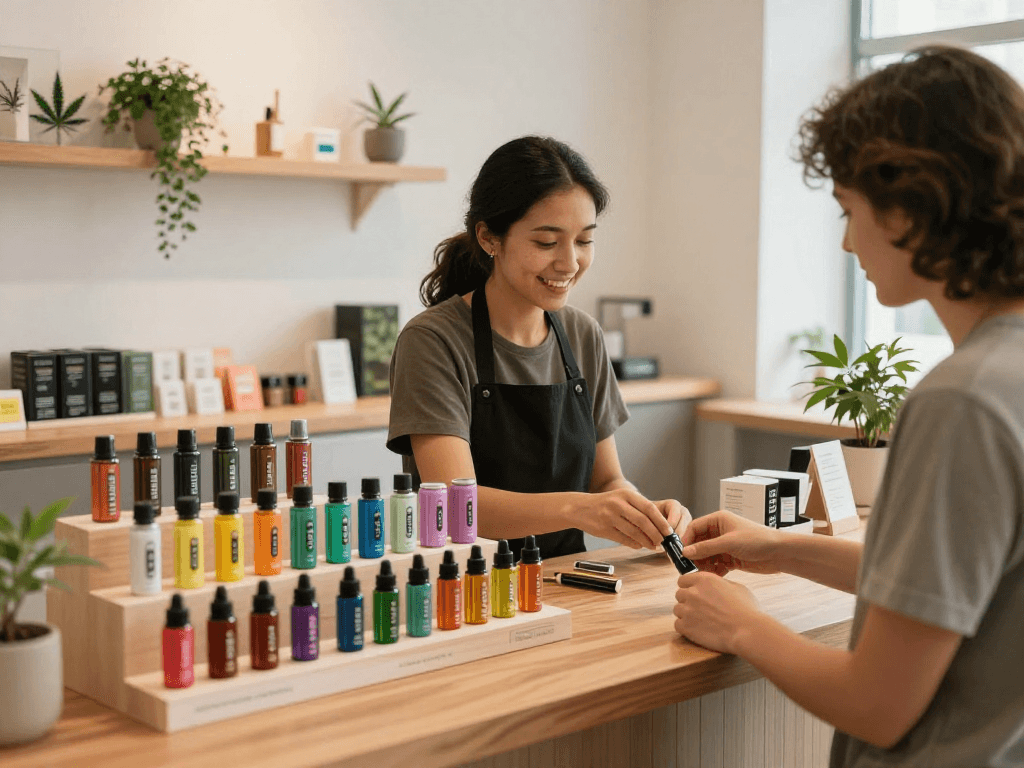 Buy Prefilled Vape Cartridges Online Europe in a modern cannabis dispensary showcasing variety and customer engagement.