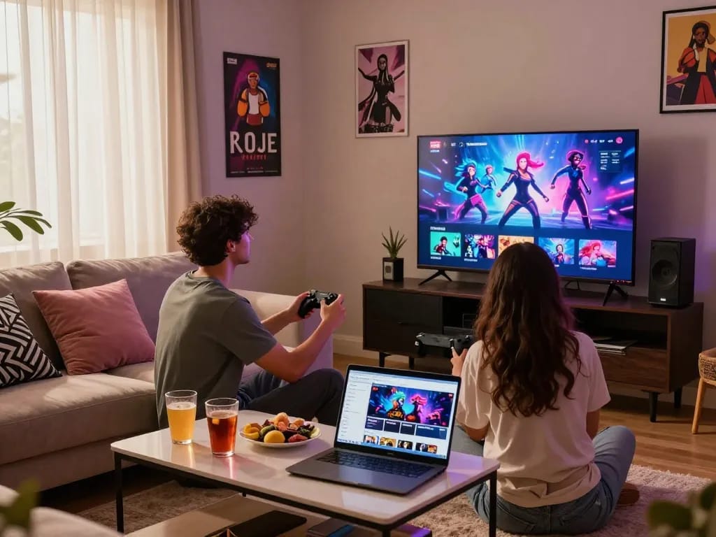 Couple enjoying popular sex games online on a cozy sofa with ambient lighting.