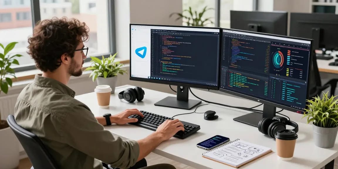 Using telegram中文版下载 on multiple screens in a tech-focused workspace showcasing productivity and innovation.