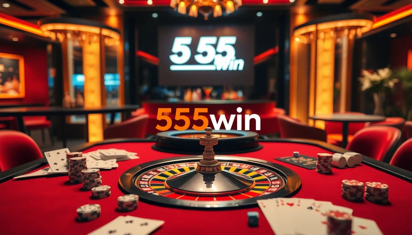 Engage with the excitement of 555win at a high-stakes casino table, filled with poker chips and cards.