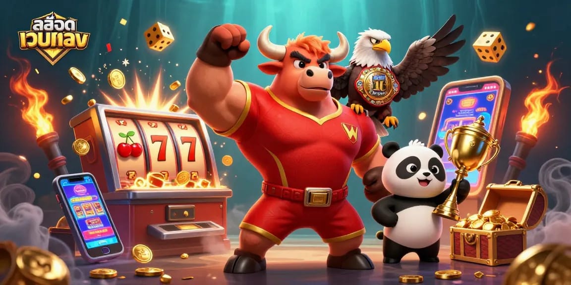 Spin to win with สล็อตเว็บตรง as a 3D bull, eagle, and panda celebrate casino victories!