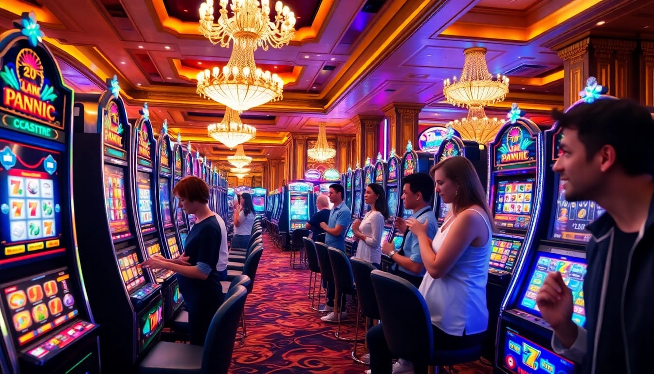 Engaged players enjoying a thrilling demo slot pragmatic experience on vibrant machines in a luxurious casino.