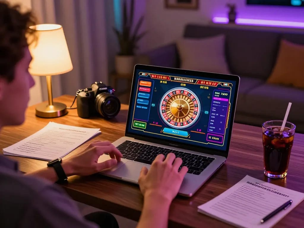 Engaging in rr88 online casino gameplay in a cozy home setting, showcasing responsible gaming.