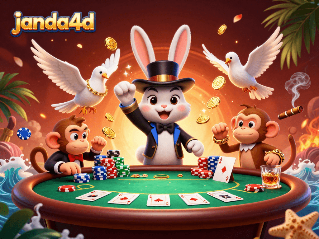Join the magic of janda4d casino with a lavish poker scene featuring thrilling characters and elements.