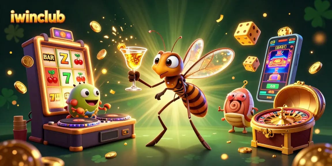 Experience iwinclub's vibrant casino games with a 3D digital illustration showcasing playful characters, excitement, and golden symbols.