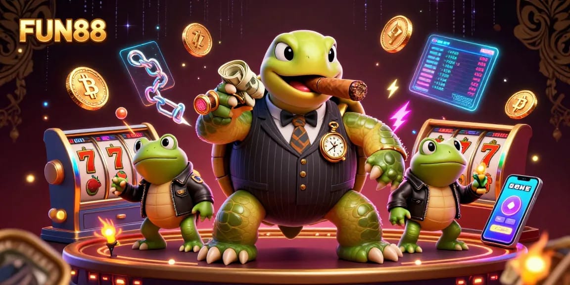 Win big with FUN88: vibrant illustration of a turtle mobster and bullfrogs, surrounded by casino elements.