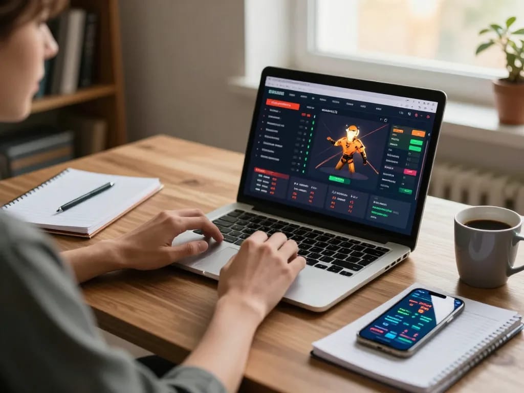 Engaging in online betting with fly888 app on laptop while tracking strategies in notebook.