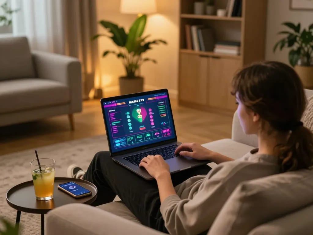 Engaging in online betting on USBET with a comfortable home setup featuring a laptop.