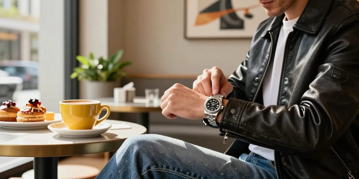 Person admiring a rolex replica watch in a trendy café, showcasing style and luxury.