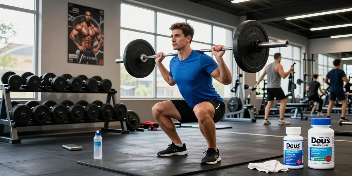 Athletic man performing barbell squats in a gym, showcasing the benefits of Deus Medical Steroids.
